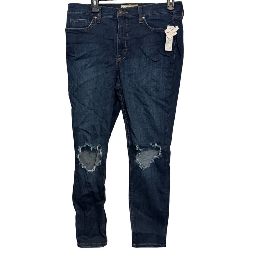 Free People Dark Blue Distressed Knee Skinny Jeans Size 31R Stretch Cotton Blend